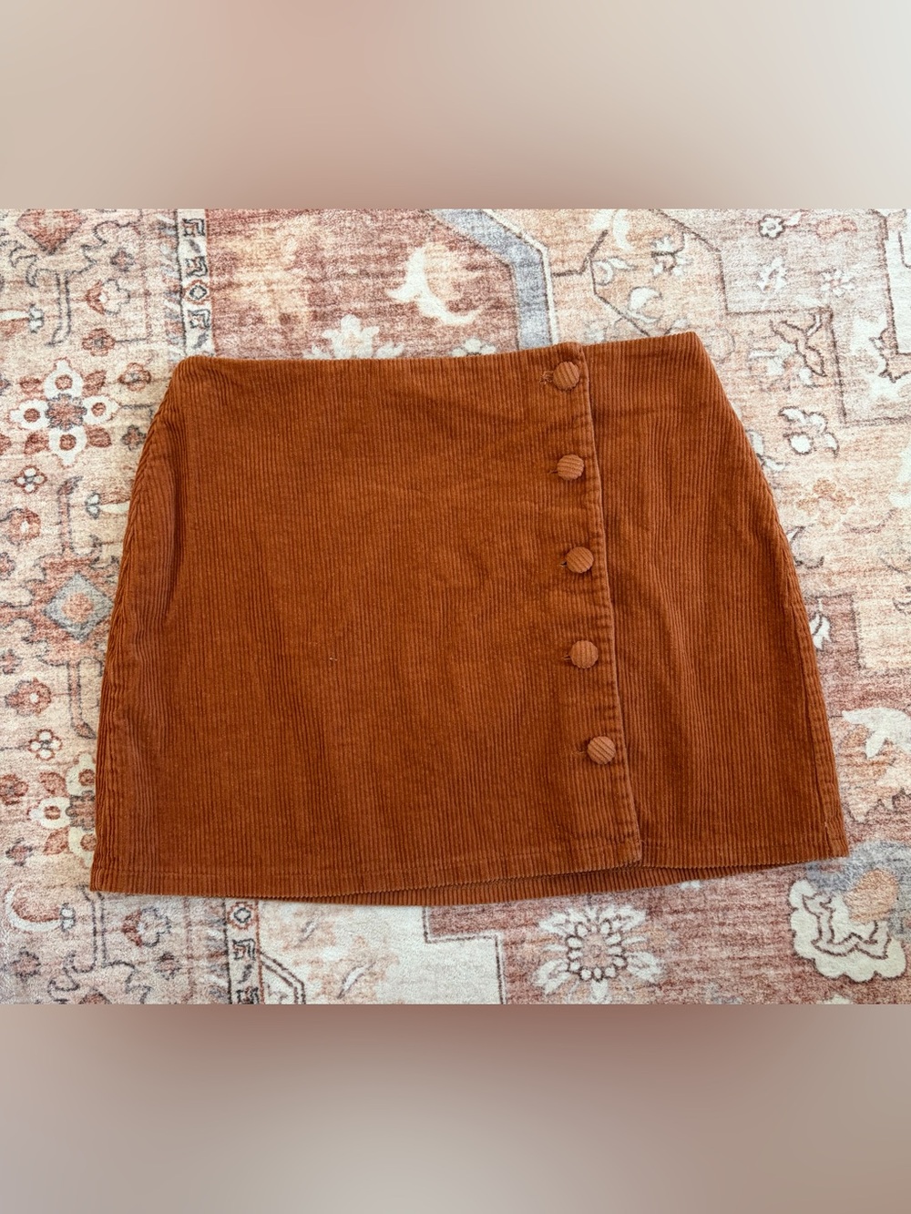 Womens Corduroy Button-Front Mini Skirt - Rust